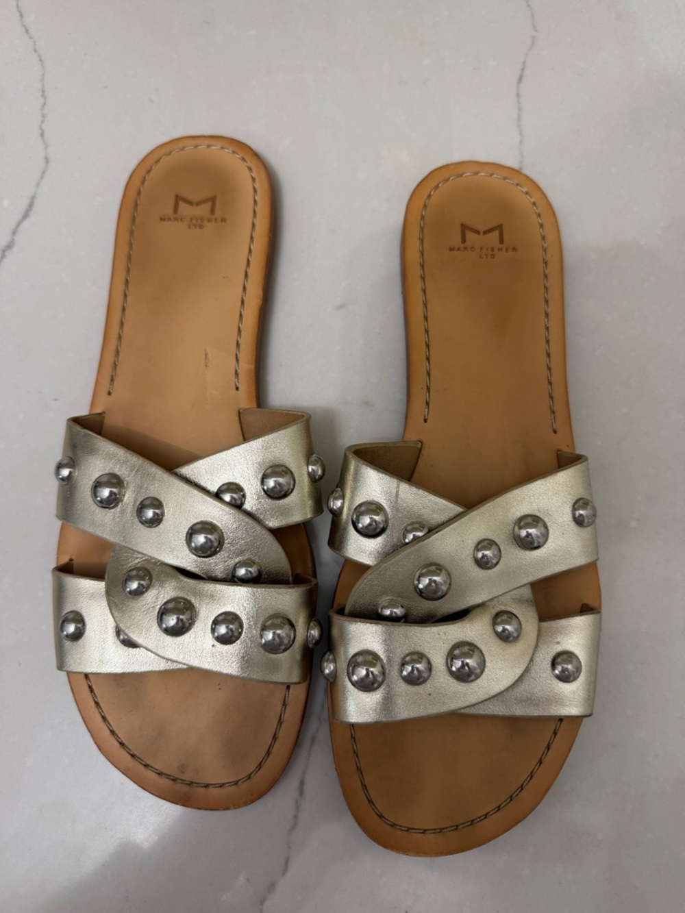 Marc Fisher Metallic Silver Studded Double-Cross Slide Sandals